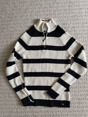 Vintage Tommy Hilfiger Cream & Black Striped Half-Zip Ribbed Knit